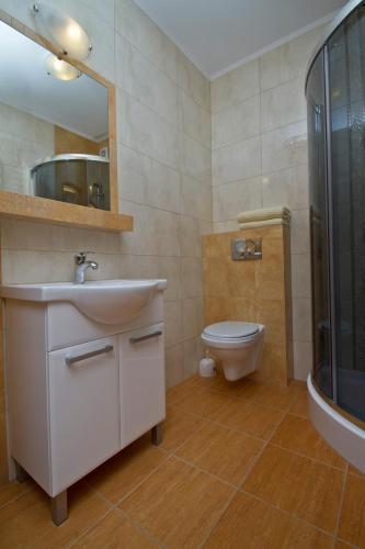 a bathroom with a sink and a toilet and a mirror at Willa Bystra in Kościelisko