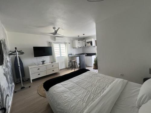 グラン・カーズにあるOver The Hill Residenceのベッドとテレビ付きの机のある寝室