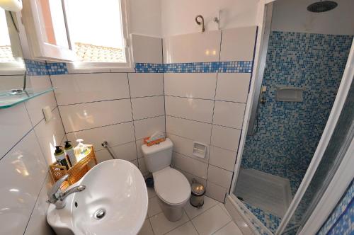 a bathroom with a toilet and a sink and a shower at Tango Apartment On The Beach in Paleokastritsa