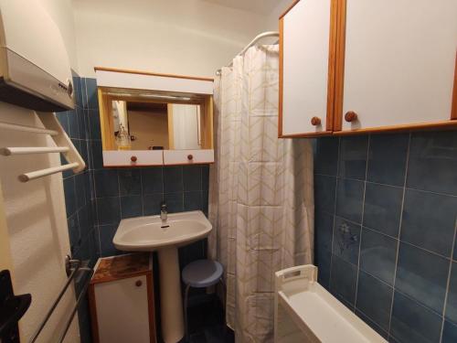 une petite salle de bain avec un lavabo et une douche dans l'établissement Appartement 3 Pièces RDC, Piscine-Tennis, Parking à Argelès - FR-1-776-114, à Argelès-sur-Mer