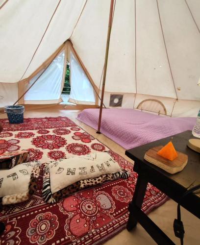 a room with two beds and a table in a tent at Glamping Xicotepec in Xicotepec de Juárez