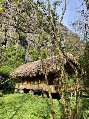 a hut with a grass roof with a mountain in the background at Chez Beo Homestay in Ninh Binh