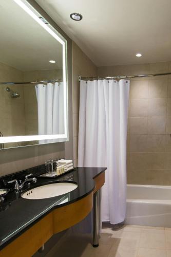 a bathroom with a sink and a mirror and a tub at Renaissance Chicago O'Hare Suites Hotel in Rosemont