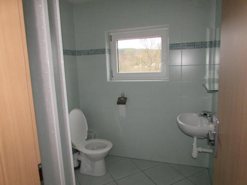 ストジーブロにあるRybářská Chata U Sumceのバスルーム(トイレ、洗面台付)、窓が備わります。