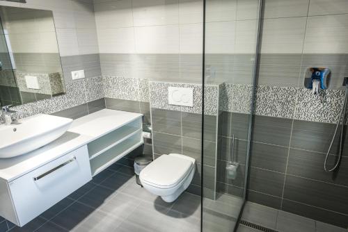 a bathroom with a toilet and a sink and a shower at Guest House Frizzante in Turčianske Teplice