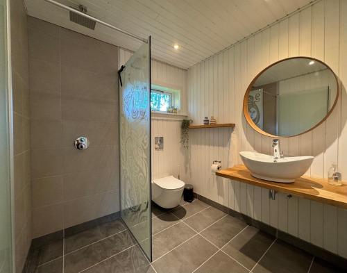 une salle de bain avec un lavabo, des toilettes et un miroir dans l'établissement Big renovated cottage with soul and love, à Grevinge