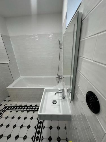 a bathroom with a sink and a bath tub at Cosy Country House U Faflika with Sauna and 2 bathrooms in Vlkov
