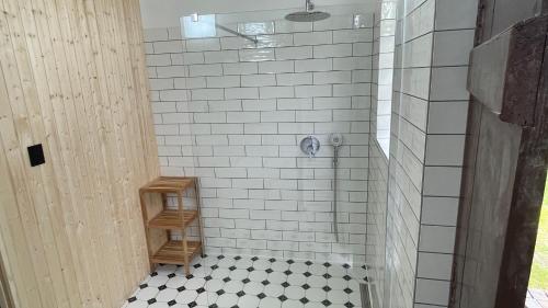 a bathroom with a shower with white tiled walls at Cosy Country House U Faflika with Sauna and 2 bathrooms in Vlkov