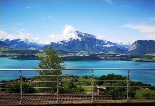 a view of a lake and a mountain at Chalet with panoramic views of the mountains of the Oberland and Lake Thun in Sigriswil