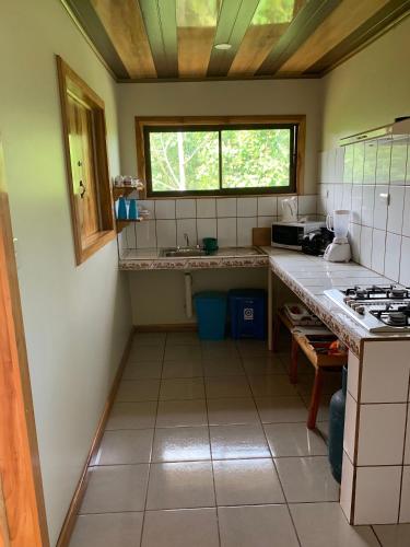 a small kitchen with a counter and a window at Villa with primary forest view in Drake