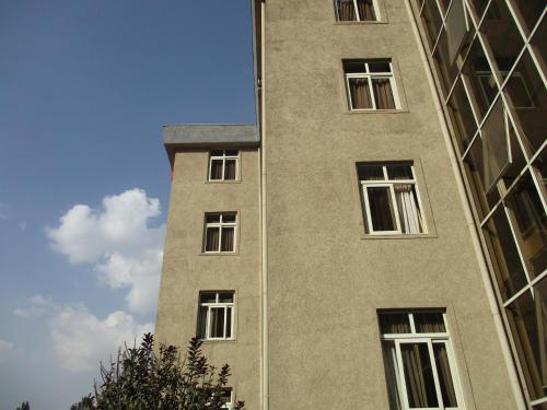 a tall building with windows on the side of it at Stay Easy Hotel in Addis Ababa