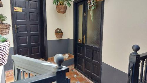 a black door with two plants on the wall at Holiday home to the street with big kitchen in Icod de los Vinos
