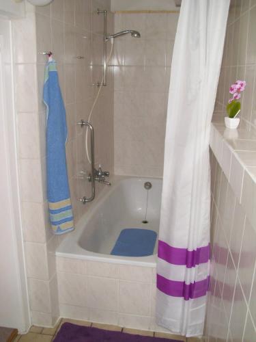a bath tub with a shower and a blue towel at Charming Langelsheim Apartment in Historic Fachwerkhaus in Langelsheim