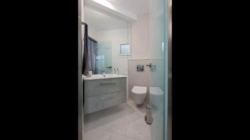 a bathroom with a toilet and a sink and a mirror at Dion Villa Zakynthos Greece One Bedroom Villa with Private Pool no01 in Agios Nikolaos