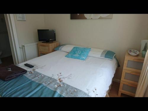 a small bedroom with a bed and a television at En suite shower room Double room with 1 double deyr in Hayes