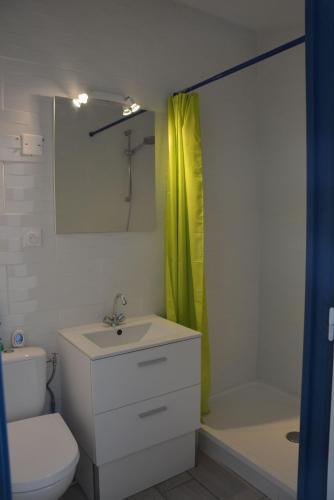 une salle de bain avec un lavabo, des toilettes et une douche dans l'établissement House close to the beach for 23 people, au Barcarès