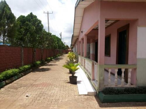 a sidewalk next to a pink building with a potted plant at Garentiti Apartment-Gold Room in Asaba