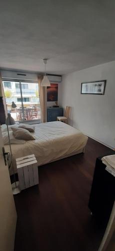 une chambre avec un grand lit et une fenêtre dans l'établissement Le Monspetellarius (parking, terrasse & clim), à Montpellier