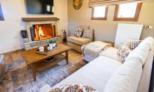 a living room with a couch and a fireplace at Alexi's House in Kalavrita