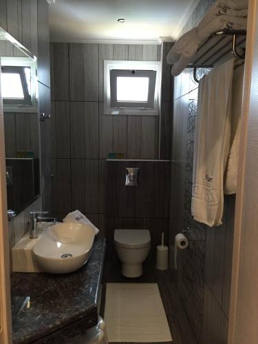 a bathroom with a sink and a toilet and a window at Vournelis Beach Hotel and Spa in Iraklitsa