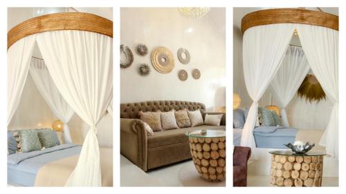 four pictures of a living room with a couch and curtains at Cape Beach Villa Samui in Ban Bang Po