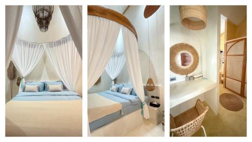 three pictures of a bedroom with a bed and a mirror at Cape Beach Villa Samui in Ban Bang Po