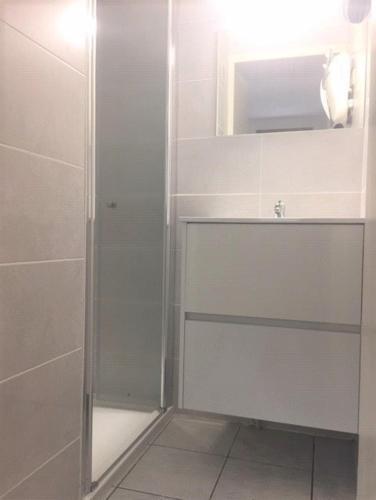 La salle de bains blanche est pourvue d'une douche et d'un miroir. dans l'établissement Pavillon 3 pièces - Gruissan Ayguades AY060-056, à Vires