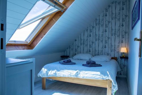 une chambre avec un lit avec une fenêtre dans l'établissement Ker Tambac - vue mer - wifi, à Camaret-sur-Mer