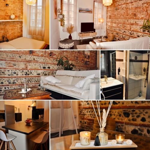 un collage de photos d'une chambre d'hôtel dans l'établissement Le Charme d'Arnaud Hypercentre Wifi Accueil gratuit h24, à Toulouse