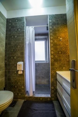 a bathroom with a shower and a toilet and a window at Panorama Central Apartments in Belgrade