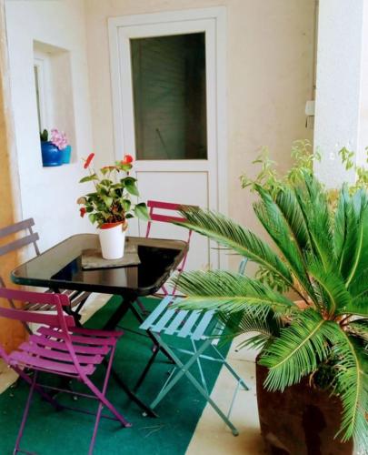 un patio avec une table, des chaises et des plantes dans l'établissement Séjour du bonheur, à Tavel