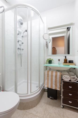 une salle de bain avec douche et lavabo dans l'établissement Studio 24 m2 - Classé 2 étoiles - LA MONGIE TOURMALET - Pied des Pistes - Balcon Plein Sud - Parking Public, à Bagnères-de-Bigorre