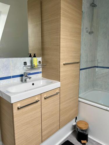 une salle de bain avec un lavabo et une douche dans l'établissement L'Hippocampe, terrasse, à 5 min' à pieds de la mer !, à Wimereux