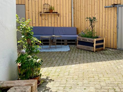 a patio with a blue couch and some plants at Das Winzereck - 4 Sterne Ferienhaus in der Südpfalz in Ranschbach