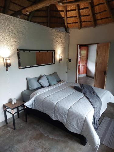 a bedroom with a large bed and a mirror at Uitpak in Barberton
