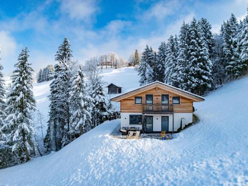 a wooden house on a snowy hill with trees at Chalet Alpenherz in Kirchberg in Tirol