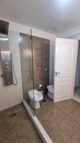 a bathroom with a toilet and a glass shower at Apartamento Paris con 2 habitaciones in San Luis