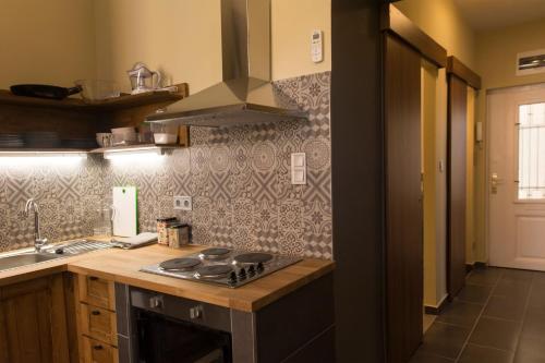 una cocina con estufa horno superior al lado de un fregadero en New - WalnutTree Double 12 Person Apartment central in Budapest - Hungary, en Budapest