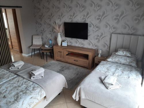 a bedroom with two beds and a tv on a wall at Pokoje Gościnne U ANI in Głogówek