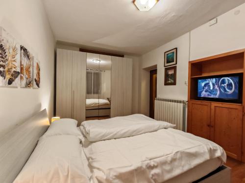 two beds in a bedroom with a tv on the wall at Val di Sole Family Apartments in Malè