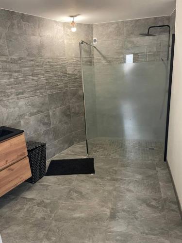 une salle de bain avec une douche avec une porte vitrée dans l'établissement Jolie maison de ville atypique, à Saint-Mariens