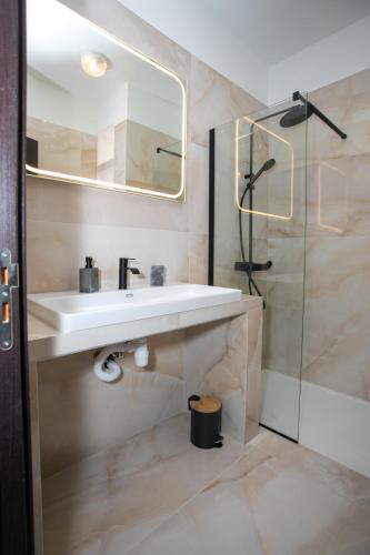 a bathroom with a sink and a glass shower at Palmove Renovated Meneou House in Larnaca