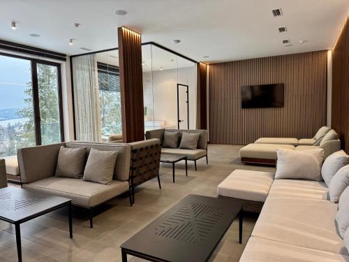 a living room with couches and a tv and windows at Shypit Spa&Resort in Pilipets