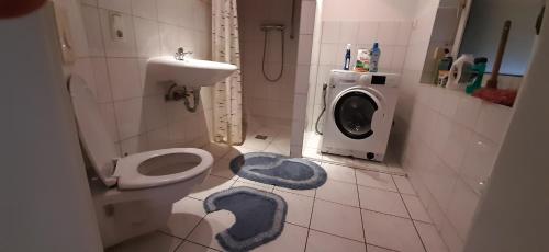 a bathroom with a toilet and a washing machine at Unterkunft im Dorf in Schwallungen