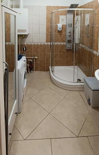 a bathroom with a shower and a washing machine at Balcony Apartman Szeged in Szeged