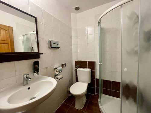a bathroom with a sink and a toilet and a shower at Hotel Aldo in Uničov