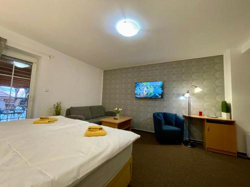 a bedroom with a bed and a couch and a tv at Hotel Aldo in Uničov