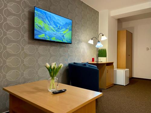 a room with a tv on a wall with a vase of flowers at Hotel Aldo in Uničov