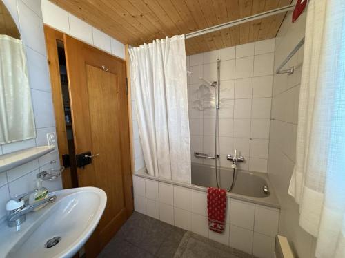 a bathroom with a sink and a shower and a tub at Revier mon désir in Braunwald