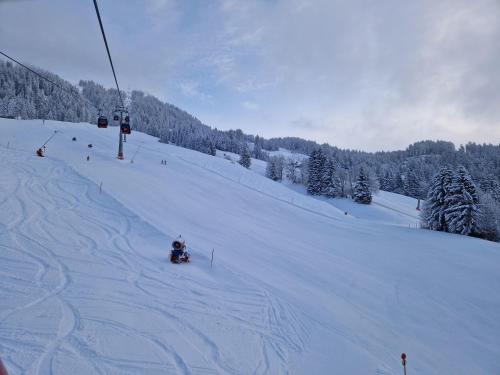 a person on a ski lift going down a snow covered slope at Appartement Bergrose in Hopfgarten im Brixental